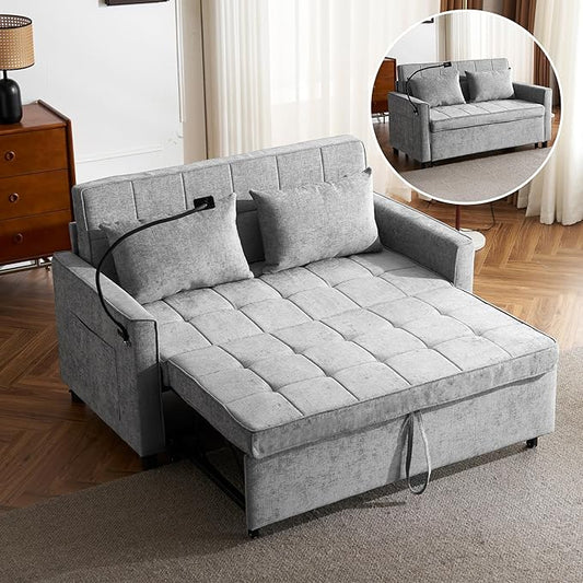 Merax 3 in 1 Convertible Sleeper Sofa Bed Futon Couches for Living Room with USB Ports | Phone Holder| Reversible Backrest | Pull Out Couch |Small LoveseatGrey