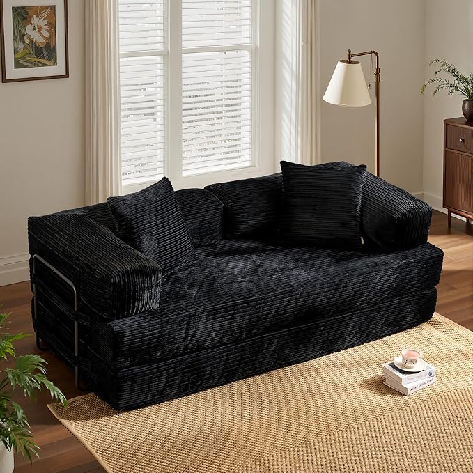 ovios 81 Folding Sofa Bed Foldable Sleeper Boneless Couch with Pull Out Beds Modular Convertible Floor Futon Loveseat Lounger for Living Room (Corduroy Black)