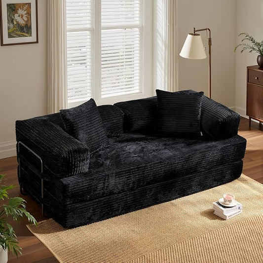 ovios 81 Folding Sofa Bed Foldable Sleeper Boneless Couch with Pull Out Beds Modular Convertible Floor Futon Loveseat Lounger for Living Room (Corduroy Black)