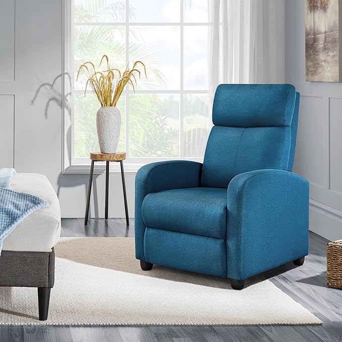 Yaheetech Fabric Recliner Sofa Modern Single Recliner Sofa Home Theater Seating with Thick Seat Cushion Backrest and Pocket Spring Blue
