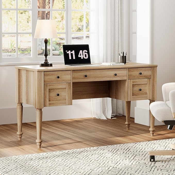 WAMAPT Farmhouse Executive Desk with 5 Drawers Home Office Desk with Charging Station Wood Computer Desk with File Cabinet Storage Door Open Shelf for Work and Study Oak 55 inch