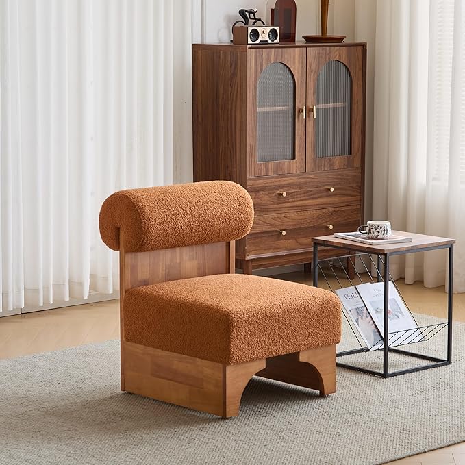 Christopher Knight Home Devon Modern Minimalist Boucle Fabric Upholstered Accent ChairWooden Lounge Chair with Rolled Backrest+Soft Padded SeatComfy Reading ChairLiving Room/BedroomBrownish Orange