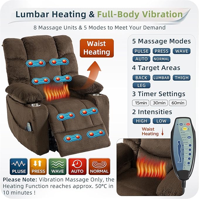 Power Lift Recliner Chair for Elderly Velvet Recliner with Massage and Heat Lazy Boy Power Recliner Lay Flat 160° Cup Holders for Living Room