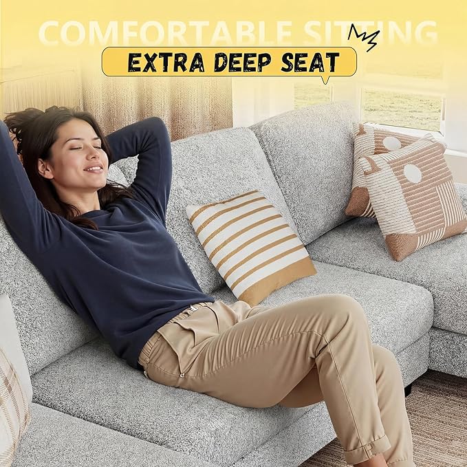 JUMMICO Sectional Couches for Living Room U Shaped Couch with Chenille Fabric 4 Seat Modern Sofa with Removable Pillows for Apartment and Small Space (Loop Yarn Pearl Gray)