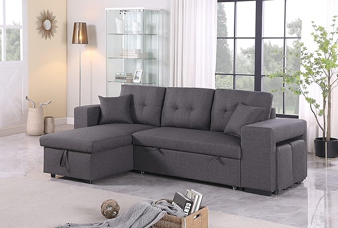 95 Reversible Sectional Sofa with Pull Out Sleeper Loveseat and Storaged ChaiseLinen Upholstered Couch W/ 2 Small Ottoman &amp Armrestfor DormApartmentStudioOfficeDark Gray