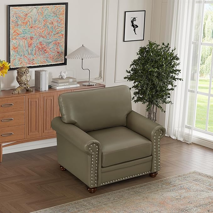 35'' Faux Leather ChairLiving Room Furniture Sofa Chair Rivet Decoration Leather Chair for Living Room Apply to Office and Home(Chair) Taupe
