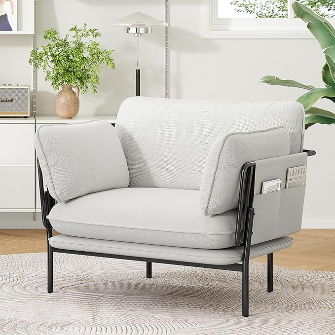 Modern Accent Chair for Living Room Oversized Reading Chair with Solid Metal Legs Upholstered Fabric Armchair with Side Pockets and 2 Pillows Comfy Accent Chairs for Bedroom Nursery White