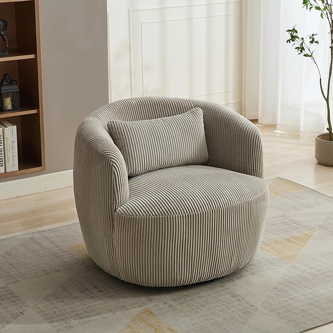 360° Swivel Armchair with Accent Pillow – Premium Corduroy Fabric Sturdy Metal Base &amp High-Density Foam – Ergonomic Lounge Chair for Living Room Office Bedroom – Easy Assembly