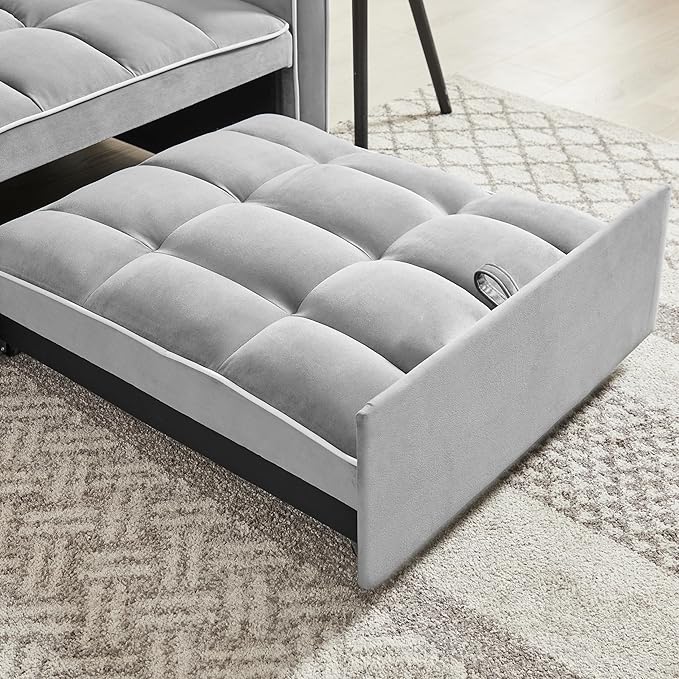 3-in-1 Velvet Chair-bed Adjustable Backrest Pull-out Chaise Lounger Tufted Cushioning Side Organizer Pocket Space-saving Convertible Seating for Living Room Apartment Guestroom Office (Grey)