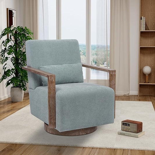 30.5 W Swivel Modern Fabric Upholstered Accent Chair with Solid Wood Armrests Comfy Lounge Reading Chair Side Armchair for Hotel Bedroom Living Room Office Nursery Room (Pale Green Linen)