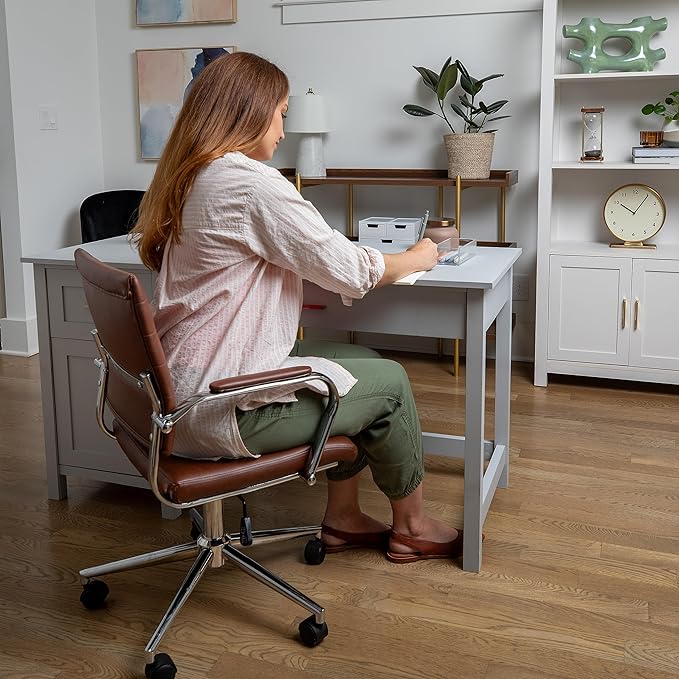 Martha Stewart Hutton Home Office Desk and Four Tier Bookcase Bundle in Gray with Brushed Nickel Hardware