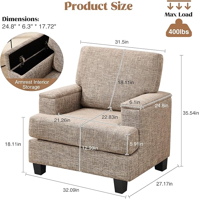 Accent Chairs Set of 2 with Armrest Storage Modern Upholstered Reading Living Room Chairs Comfy Large Armchairs Fabric Single Sofa Chair for Bedroom (Yellowish Brown)