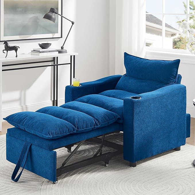 Sleeper Chair 3 in 1 Convertible Pull Out Chair Sleeper with Bracket and Cup Holder Chairs Bed Sleepers for Adults Adjustable Sofa Bed Chairs for Living Room Small Spaces Blue