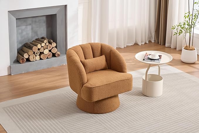 Swivel Barrel Chair - Teddy Bear Velvet Upholstered Modern Armchair with Striped Backrest &amp Plush Padding Round Lounge Chair for Living Room Bedroom Small Spaces Brown - (2 Pcs)