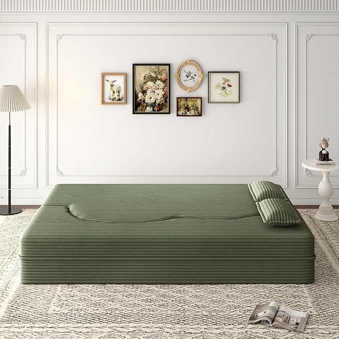 2 in 1 Folding Floor Couch Sofa Bed with 2 Pillows Convertible Sleeper Sofa Modern Full Mattress for Living Room Guestroom Plush Corduroy Floor Sofa BedNo Assembly RequiredGreen