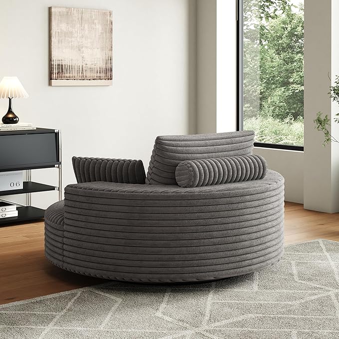 55 Oversized Round Swivel Chair 360° Corduroy Upholstered Barrel Sleeper Lounge Chair Deep Seat Single Sofa Armchair with Back Pillow Modern Accent Chair for Living Room Bedroom Grey