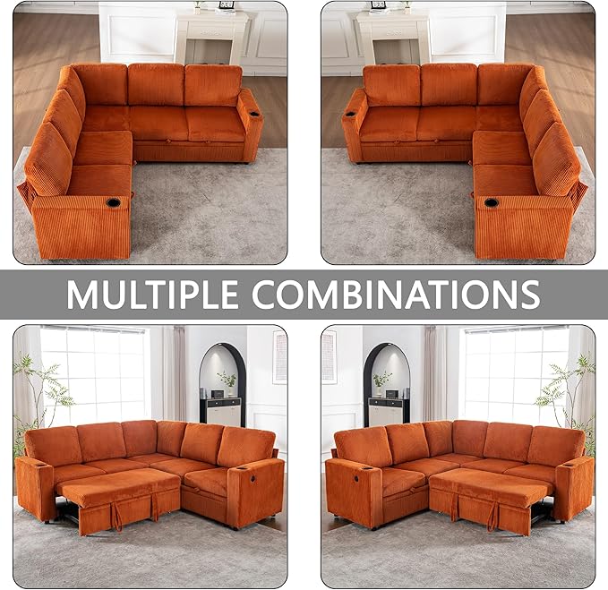 83 Sleeper Couch with Pull Out Sofa Bed 5-Seater Sectional Couches for Living Room L-Shaped Couch with Storage USB Port &amp Cup Holder Corduroy Convertible Corner Sofa for Apartment