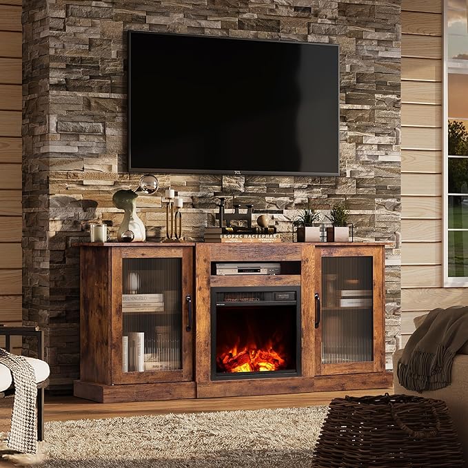WLIVE Fireplace TV Stand for 65 TV Entertainment Center with 3D Realistic Flame Electric Fireplace TV Console with Open Shelves for Living Room Rustic Brown