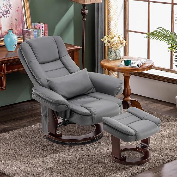 MCombo Swivel Recliner with Ottoman Chair TV Chair Sets with Vibration Massage for Small Space Living Room Bedroom 9096 9099 (Faux Leather Grey)