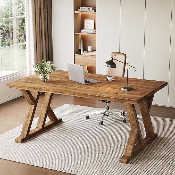 63 Solid Wood Executive Desk for Home Office Farmhouse Wooden Large Office Computer Desk Writing Study Table Business Workstation with X Shaped Legs Rustic Brown