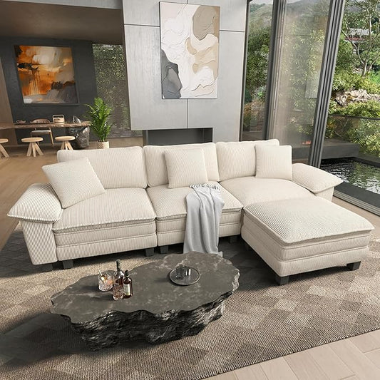 HERA'S HOUSE 124 Modular Sectional Sofa Oversized L Shaped Couches for Living Room Comfy Cloud Couch with Ottoman 4-Seater Deep Seat Sofa with Throw Pillow Corduroy Beige