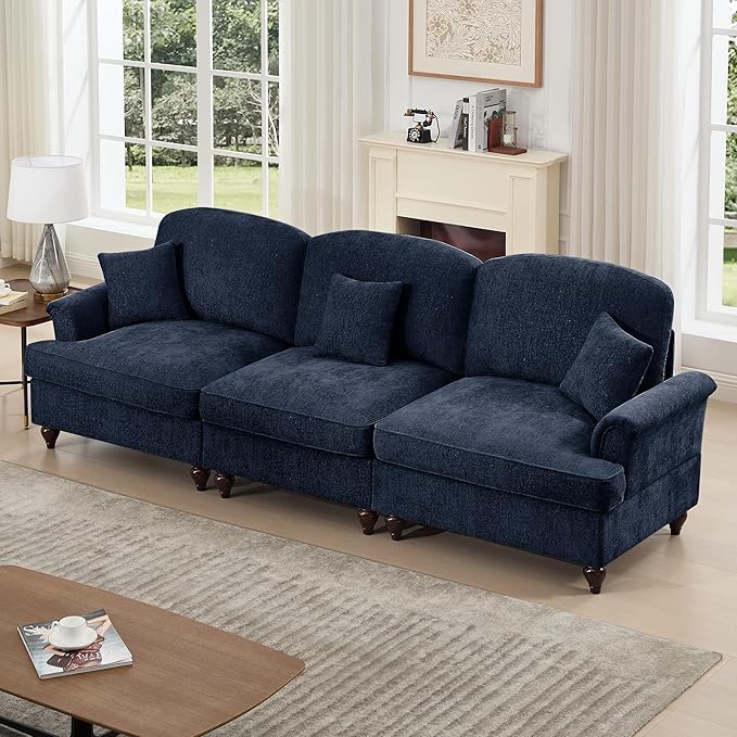 107'' Elegant Chenille Mid Century 3 Seater Sofa Comfy Oversized Sectional Cloud Couch with Flared Arms and Removable Ruffles Pleats Skirts for Living Room