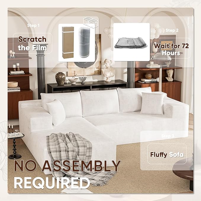 VICTONE 108” Cloud Sectional Couches Boneless Couch Modular L-Shaped Sofa with Deep Seat Modern Comfort Upholstered Sofas for Living Room No Assembly Required (Chenille Beige)