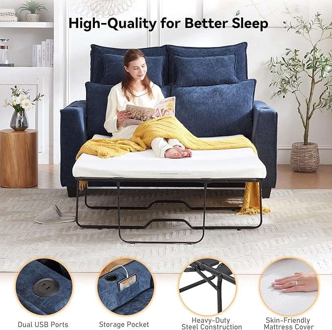 Brelice 65 Pull Out Sofa Bed Sleeper Sofa Couch 2-in-1 Convertible Chenille Loveseat with USB Charging Port and Memory Foam Mattress Full Size Pullout Bed for Living Room Apartment or Office