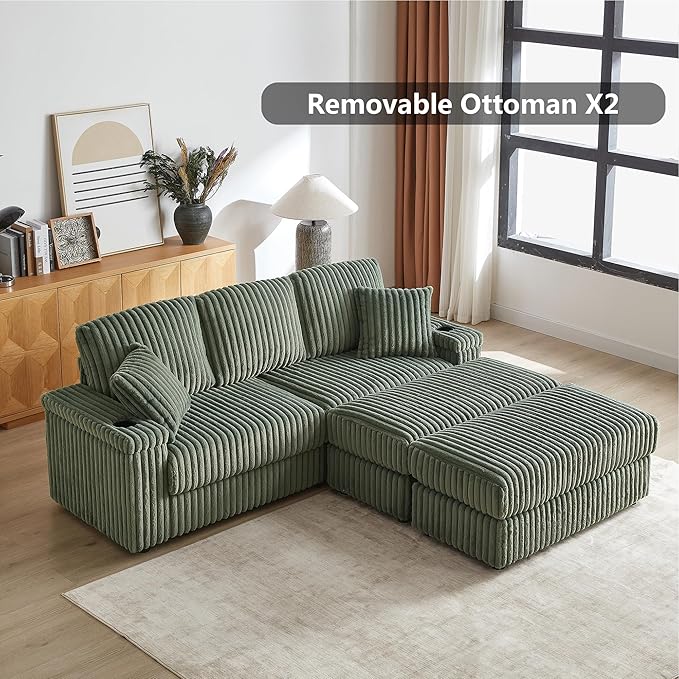 Aoowow 84 Corduroy Oversized 3-seater sofa with 2 Ottomans Modular Sectional Deep Seat Sofa with Back and Toss Pillows Modern Comfy Sofa with 2 Storage Spaces and Cup Grooves for Living Room Green