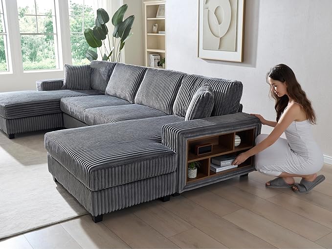 79.5 Oversized Corduroy Modular 2-Seat Sectional Couch with Extra-Wide Armrest Storage and Double Chaise Lounge Modern Convertible Sleeper Sofa for Living RoomDark Gray