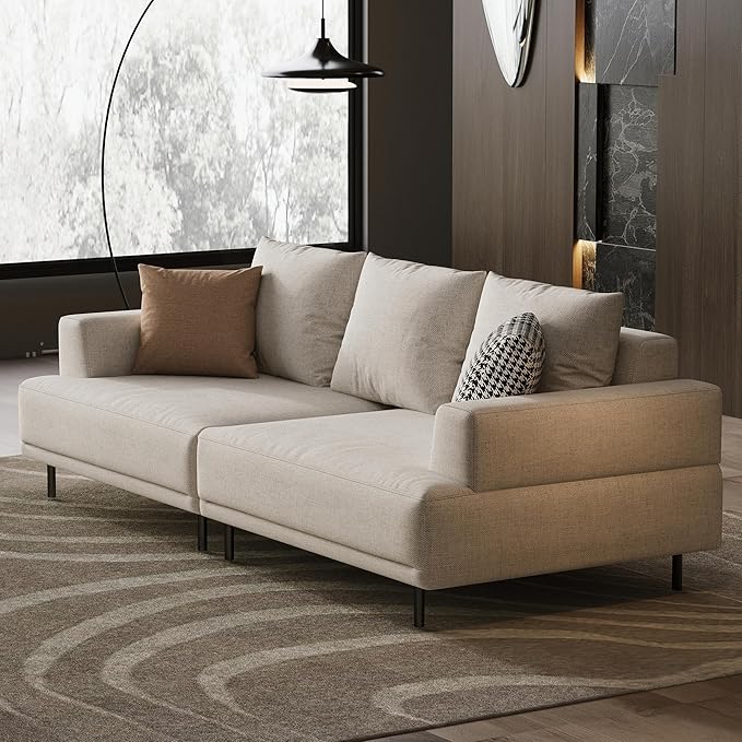 Cream Fabric Sectional Sofa – Contemporary Upholstered Couch with Metal Legs for Living Room (82.67inch-3Seats)