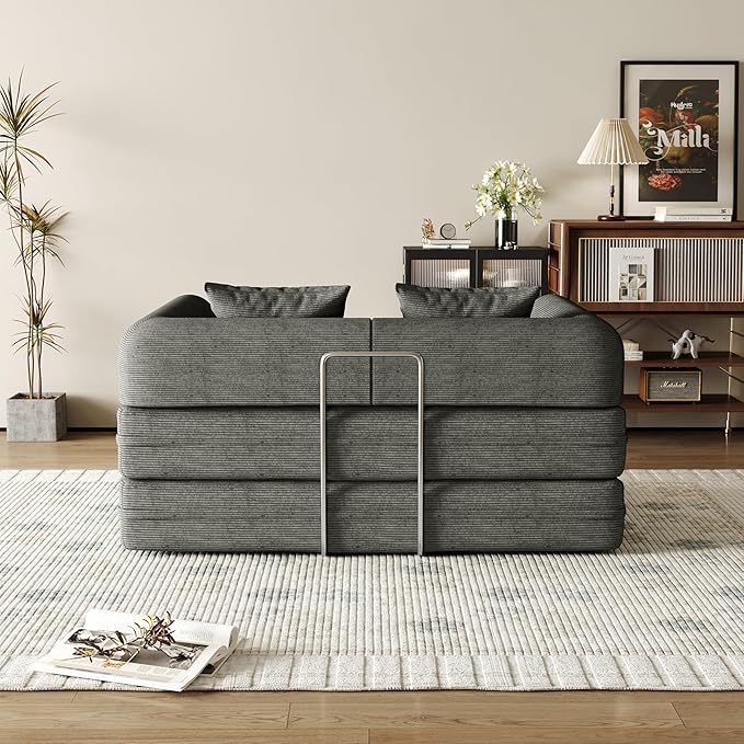 53.15'' Convertible Compressed Corduroy Folding Cloud Sofa Bed Modern Boneless Pull Out Loveseat Sleeper in a Box 4 in 1 Floor Mattress Futon Cloud Couch No Assembly Needed Grey 2 Pillows Full
