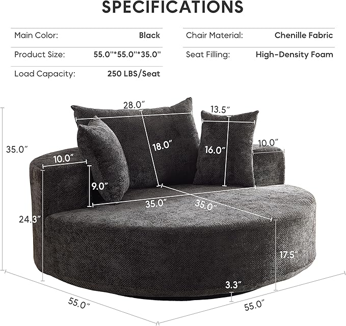 Oversized 360° Swivel Accent Chair for Living Room Modern 55’’ Comfy Chenille Extra Wide &amp Deep Seat Round Barrel Chair with Overstuffed Cushions No Assembly Needed Obsidian Black