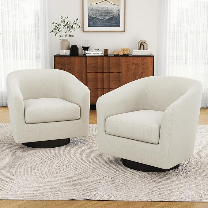 Swivel Barrel Accent Chair Modern Round Linen Arm Chair for Living Room Bedroom Comfy Club Reading Chairs for Adults（Linen Fabric Beige Set of 2