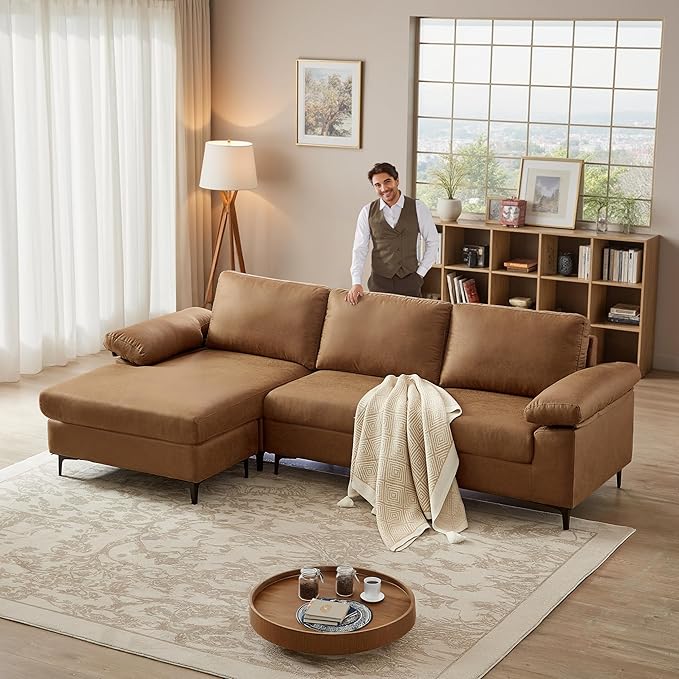 100.8''Sectional Couches for Living Room L Shaped Couch Faux Leather Couch Modular Sofa with Chaise and Back Cushions for BedroomApartment(Brown 100.8'')