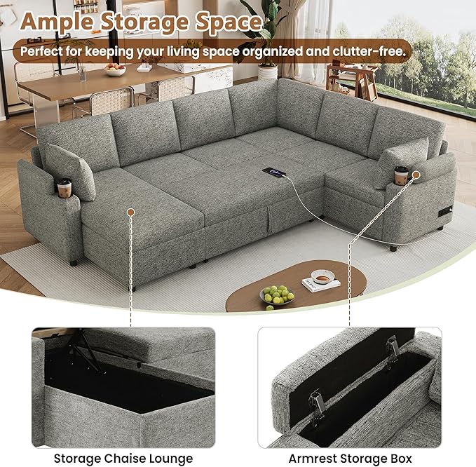 Sleeper Sofa with Pull Out Bed Oversized U Shaped 7 Seat Modular Sectional Couches for Living Room Sofa Bed with Storage Chaise Lounge USB Ports Cup Holders Chenille Cloud CouchLight Grey