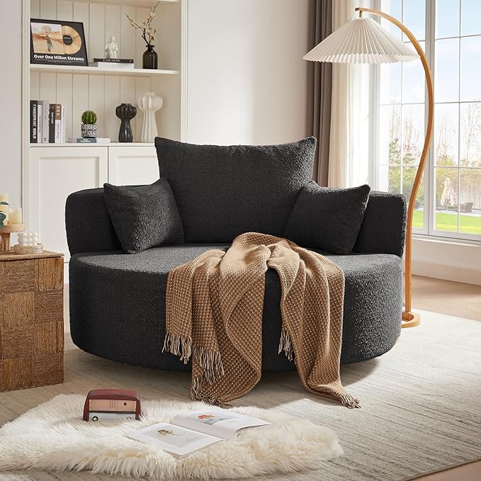 Oversized Round Swivel Chaise Modern 360°Swivel Barrel Chair with 3 Pillows Comfy Chenille Chaise Lounge Chair Indoor Single Cloud Circle Sofa for Living Room Bedroom Office (Black)
