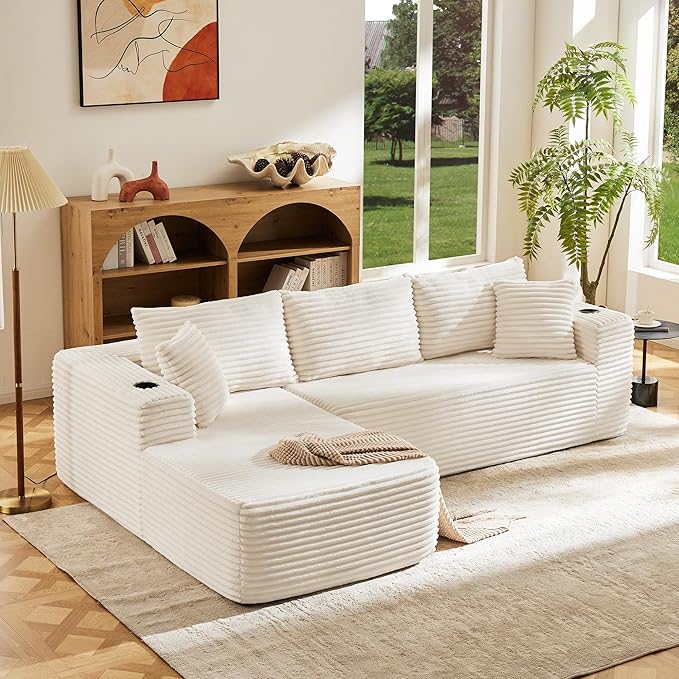 Modular Compressed Sectional Sofa Set – Velvet Corduroy Upholstery Convertible Couch with Cup Holders and Pillows for Living Room Beige