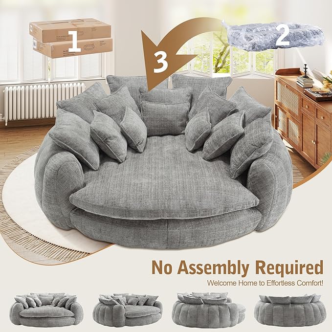 82'' Oversized Upholstered Sofa Bed Round Chaise Lounge Chair Indoor Modern Chenille Boneless Couch No Assembly Required Plush Sleeper Chair with 14 Pillows for Living Room Light Grey