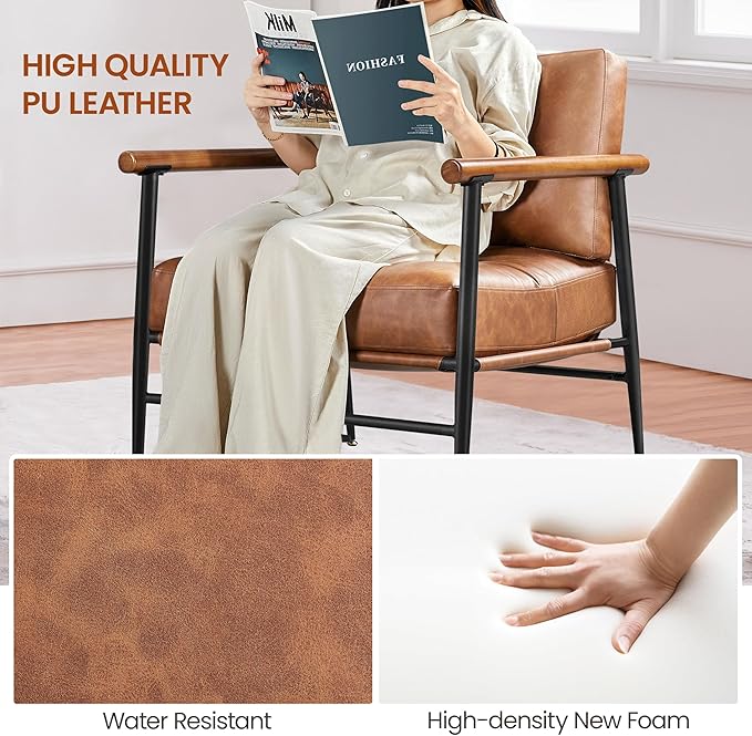 Yaheetech Accent Chair Set of 2 PU Leather Living Room Chair Back Pillow Modern Lounge Chair Wooden Arms Metal Frame Bedroom Waiting Room Retro Brown
