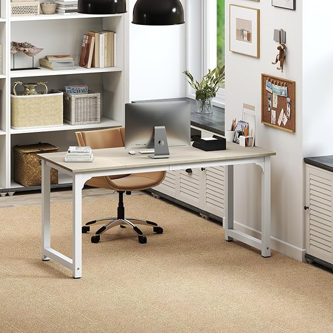 NSdirect Large Office Desk for Home Office Large 63 Computer Desk Table Wide Writing Study Desk for 2 Person Metal Sturdy Frame Thicker Steel Legs (White Oak 63L x 23.6W x 29.5H)