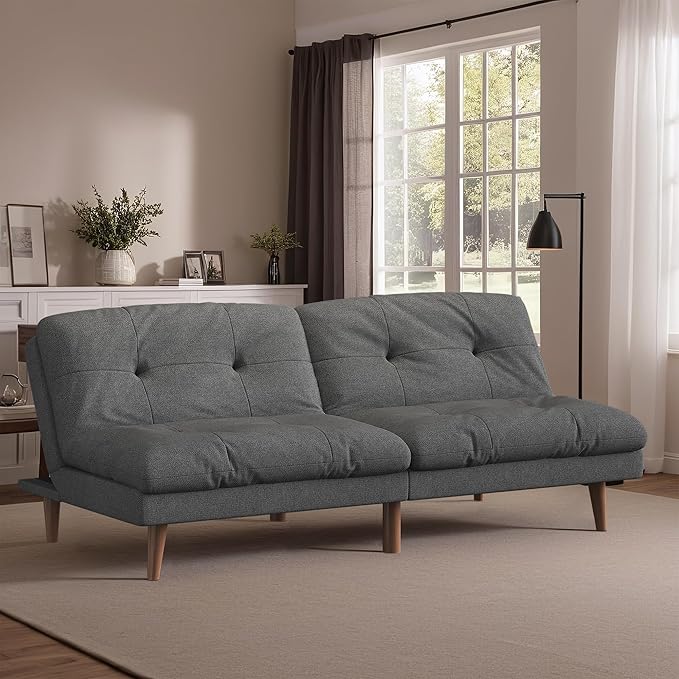 Flamaker Convertible Futon Sofa Bed Futon Couch with Adjustable Back Upholstered Sleeper Sofa Bed for Living Room Furniture (FabricGrey)