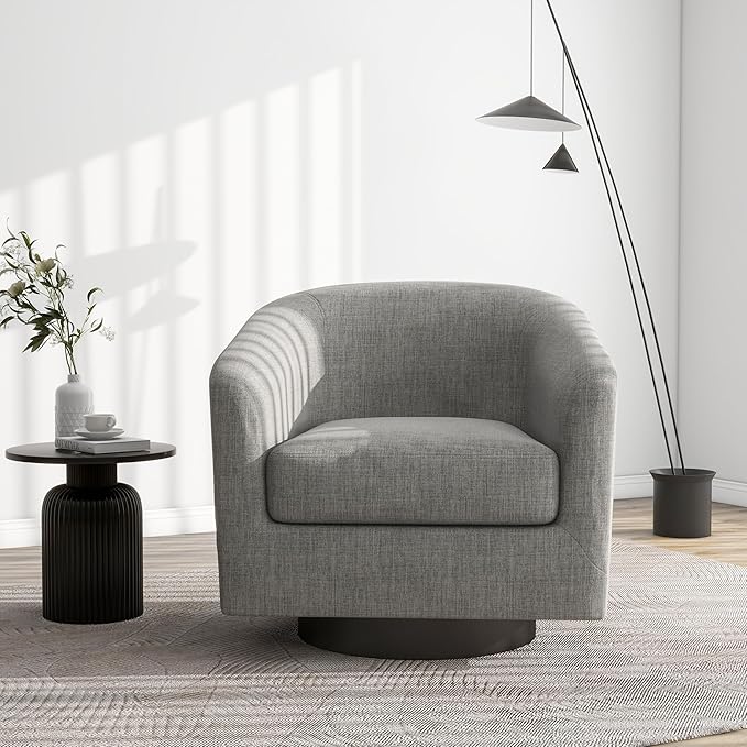 Swivel Barrel Accent Chair Modern Round Linen Arm Chair for Living Room Bedroom Comfy Club Reading Chairs for Adults（Linen Fabric Light Grey Set of 4