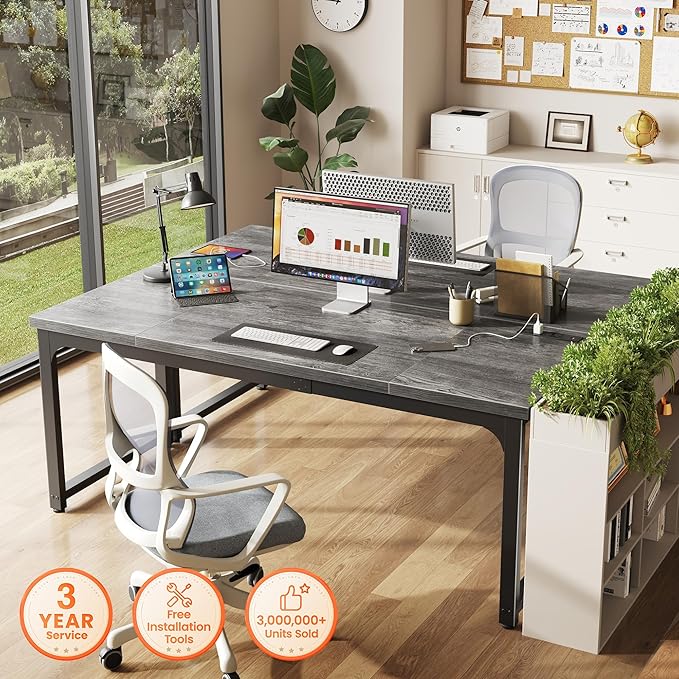 Huuger 63 x 24 inch Desk with Power Outlets &amp USB-C Deeper &amp Thicker Desktop Robust Metal Tubes Computer Desk Heavy Duty Office Desk Work Gaming Desk for Home Office Grey