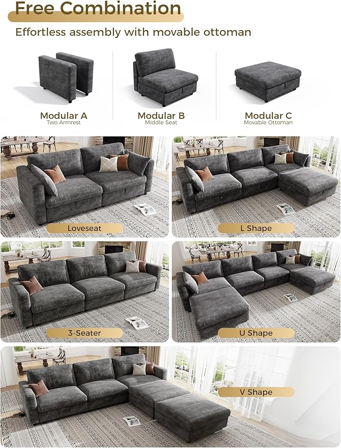 KKL Modular Sectional Couches for Living Room U Shaped Sofa Couch with Adjustable Backrest Chenille 6 Seater Sofa Couch with Convertible Ottoman and Comfy Cushion Grey