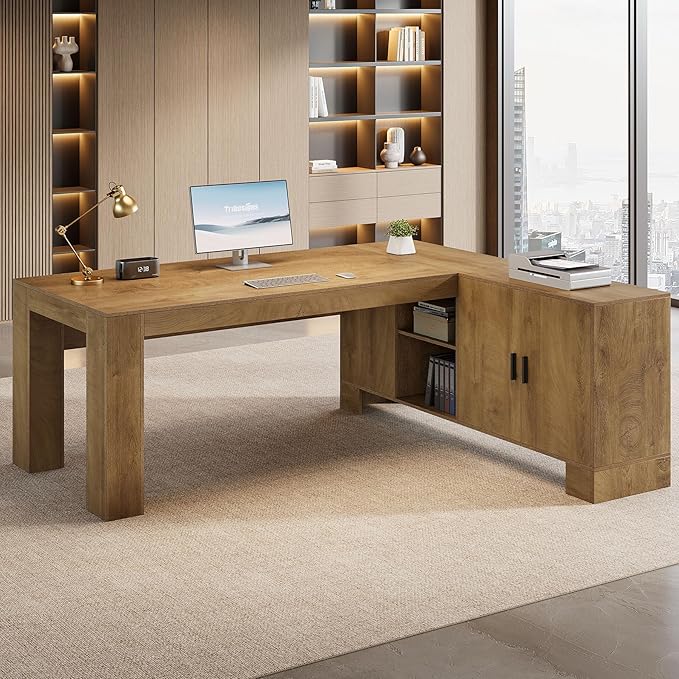 Tribesigns L-Shaped Executive Desk 78-Inch Office Desk with Storage Cabinet and 2-Tier Shelf Large Wooden Computer Writing Table Business Furniture Workstation for Home Office Brown