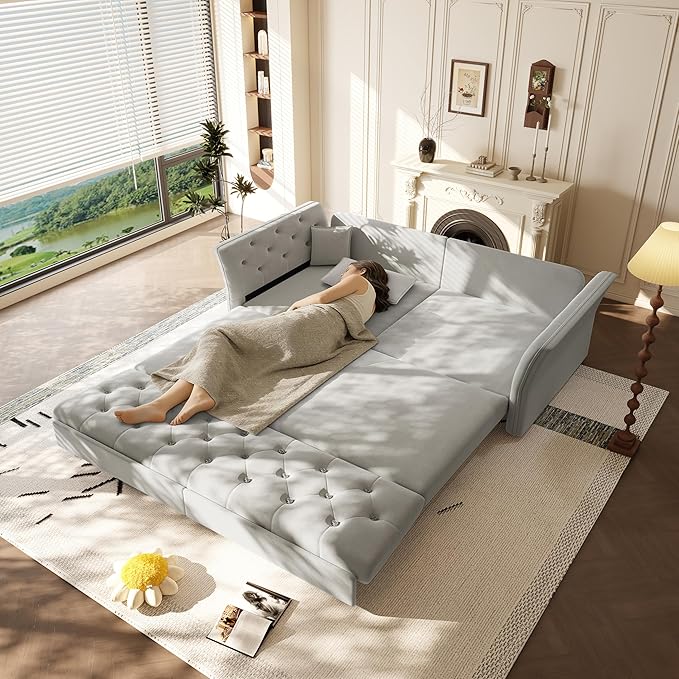 KEIKI 74.7 Queen Pull Out Sofa Bed Velvet Convertible Sleeper Sofa Button Tufted Chesterfield Sofa Pull-Out Couch Bed for Living Room Bedroom Apartment Light Grey
