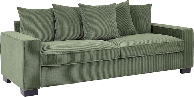 Luxe Corduroy Sofa with 5 Matching Toss Pillows Sleek Design Spacious and Comfortable 3 Seater Couch for Modern Living Room 88 Wide Dark Green