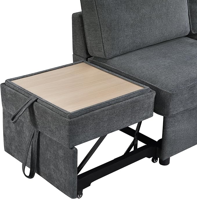 83.9 Convertible Sectional Sofa Bed Chenille L-Shaped Sofa with Dual Pull-Out Sleepers Flip-Top Table USB Ports Cup Holder &amp Storage for Living Room Office Apartment (Dark Gray-7.22)