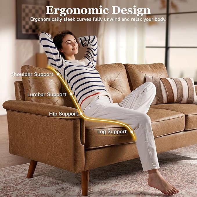71 Faux Leather Couch Small 3-Seater Mid-Century Modern Sofas for Living Room Deep Seat Upholstered Sofa with Comfy Cushions for Apartment Light Brown